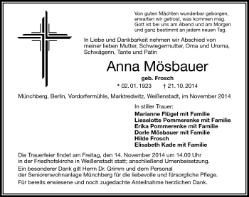 Traueranzeige von Anna Mösbauer von Frankenpost