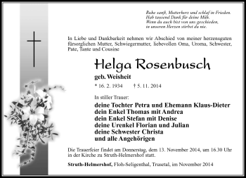 Traueranzeige von Helga Rosenbusch von Südthüringer Presse