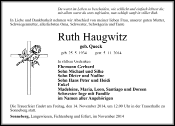 Traueranzeige von Ruth Haugwitz von Südthüringer Presse