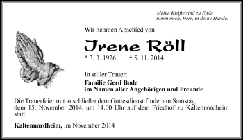Traueranzeige von Irene Röll von Südthüringer Presse