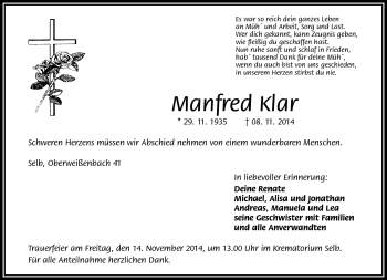 Traueranzeige von Manfred Klar von Frankenpost