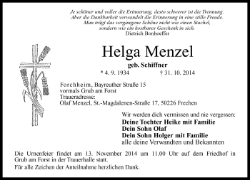 Traueranzeige von Helga Menzel von Neue Presse Coburg