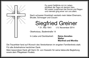 Traueranzeige von Siegfried Greiner von Frankenpost