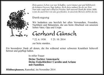 Traueranzeige von Gerhard Günsch von Südthüringer Presse