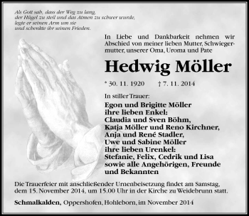 Traueranzeige von Hedwig Möller von Südthüringer Presse