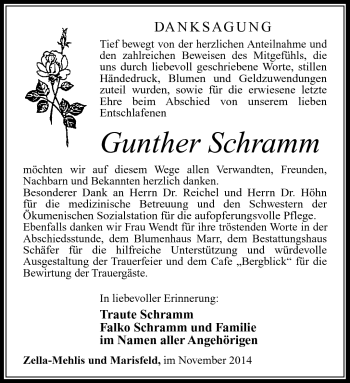 Traueranzeige von Gunther Schramm von Südthüringer Presse