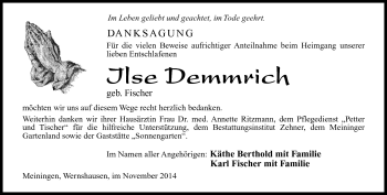 Traueranzeige von Ilse Demmrich von Südthüringer Presse