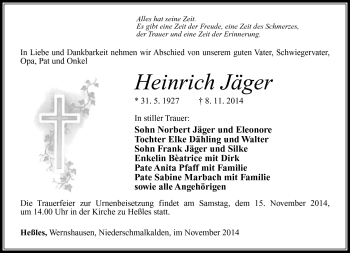 Traueranzeige von Heinrich Jäger von Südthüringer Presse
