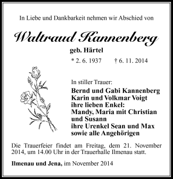 Traueranzeige von Waltraud Kannenberg von Südthüringer Presse