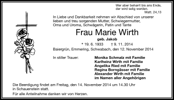 Traueranzeige von Marie Wirth von Frankenpost
