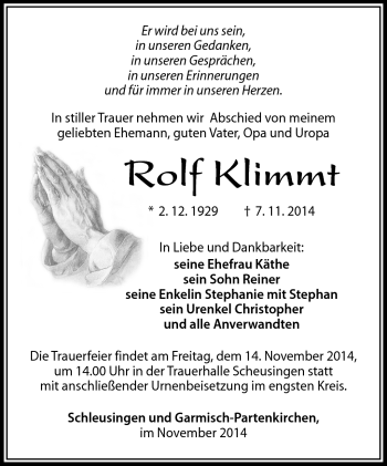 Traueranzeige von Rolf Klimmt von Südthüringer Presse