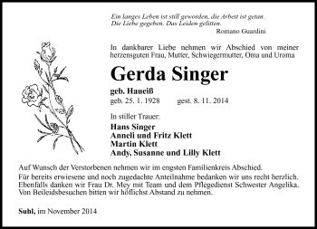 Traueranzeige von Gerda Singer von Südthüringer Presse