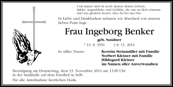 Traueranzeige von Ingeborg Benker von Frankenpost