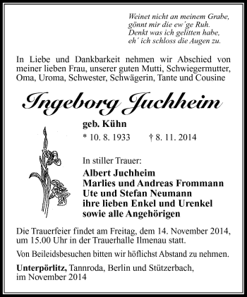 Traueranzeige von Ingeborg Juchheim von Südthüringer Presse