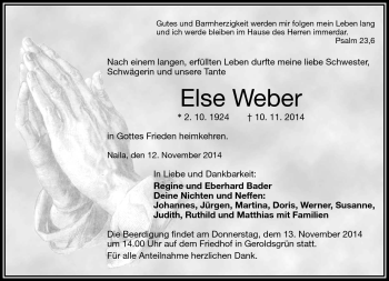 Traueranzeige von Else Weber von Frankenpost