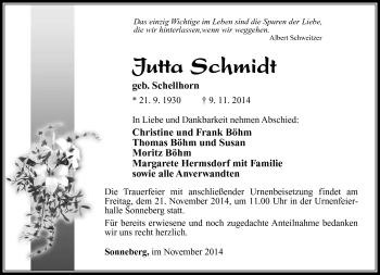 Traueranzeige von Jutta Schmidt von Südthüringer Presse