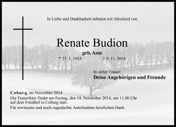 Traueranzeige von Renate Budion von Neue Presse Coburg