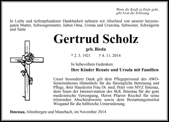 Traueranzeige von Gertrud Scholz von Südthüringer Presse