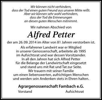 Traueranzeige von Alfred Petter von Südthüringer Presse