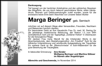 Traueranzeige von Marga Meringer von Südthüringer Presse