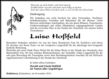 Traueranzeige von Luise Hoßfeld von Südthüringer Presse