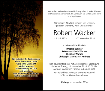 Traueranzeige von Robert Wacker von Neue Presse Coburg