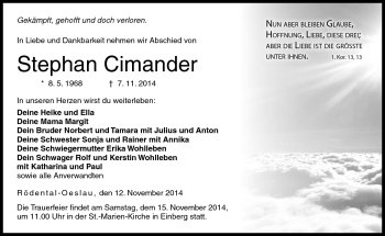 Traueranzeige von Stephan Cimander von Neue Presse Coburg