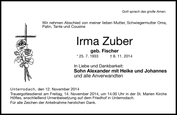 Traueranzeige von Irma Zuber von Neue Presse Coburg