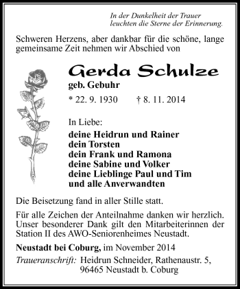 Traueranzeige von Gerda Schulze von Südthüringer Presse