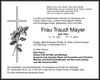 Traueranzeige von Traudl Mayerq von Frankenpost