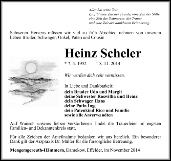 Traueranzeige von Heinz Scheler von Südthüringer Presse