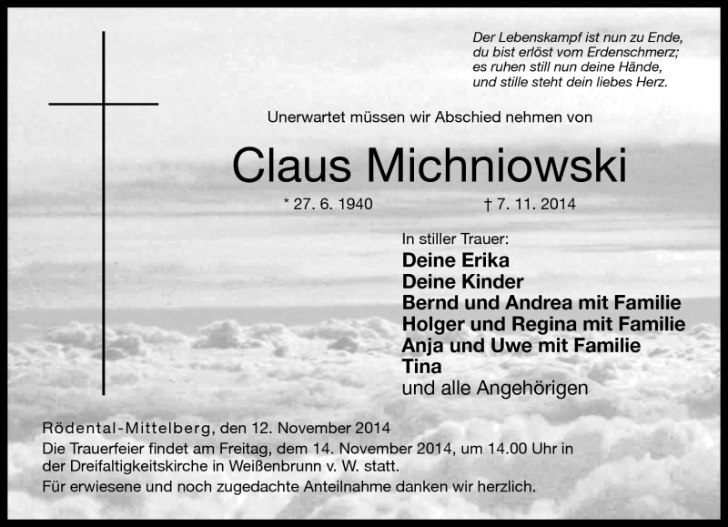  Traueranzeige für Claus Michniowski vom 12.11.2014 aus Neue Presse Coburg