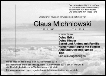 Traueranzeige von Claus Michniowski von Neue Presse Coburg