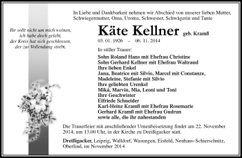 Traueranzeige von Käte Kellner von Südthüringer Presse