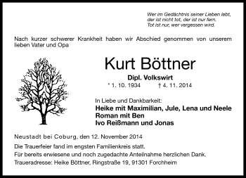 Traueranzeige von Kurt Böttner von Neue Presse Coburg