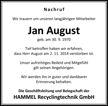 Traueranzeige von Jan August von Südthüringer Presse