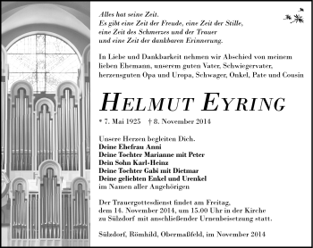 Traueranzeige von Helmut Eyring von Südthüringer Presse