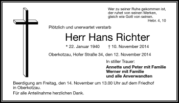 Traueranzeige von Hans Richter von Frankenpost