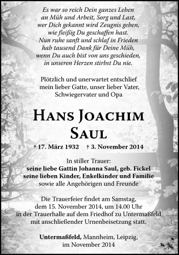 Traueranzeige von Hans-Joachim Saul von Südthüringer Presse