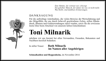 Traueranzeige von Toni Milnarik von Südthüringer Presse