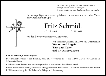 Traueranzeige von Fritz Schmidt von Neue Presse Coburg