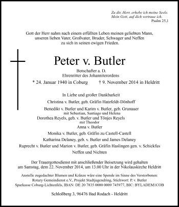 Traueranzeige von Peter v. Butler von Neue Presse Coburg