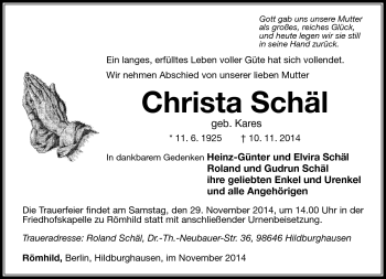 Traueranzeige von Christa Schäl von Südthüringer Presse