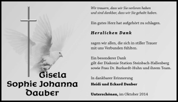 Traueranzeige von Gisela Sophie Johanna Dauber von Südthüringer Presse
