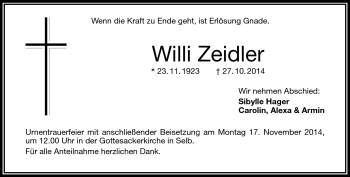 Traueranzeige von Willi Zeidler von Frankenpost