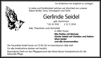 Traueranzeige von Gerlinde Seidel von Frankenpost