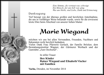 Traueranzeige von Marie Wiegand von Südthüringer Presse