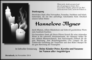 Traueranzeige von Hannelore Illgner von Südthüringer Presse