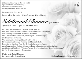 Traueranzeige von Edeltraud Glauner von Südthüringer Presse