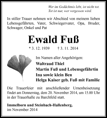 Traueranzeige von Ewald Fuß von Südthüringer Presse
